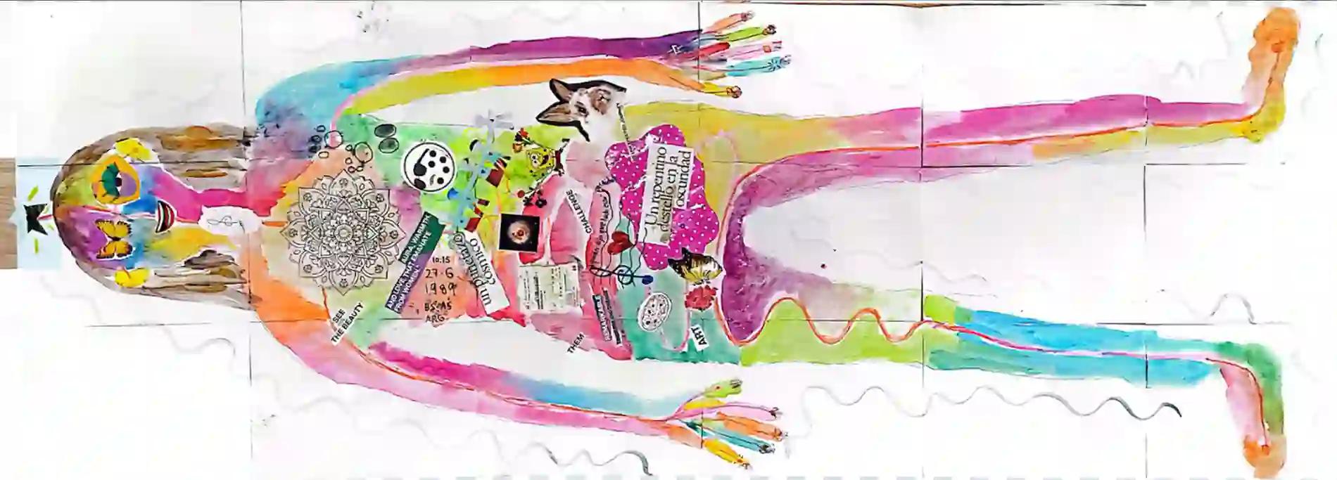 Collage de una silueta femenina con colores en acuarela y recortes de revistas — mapa corporal
