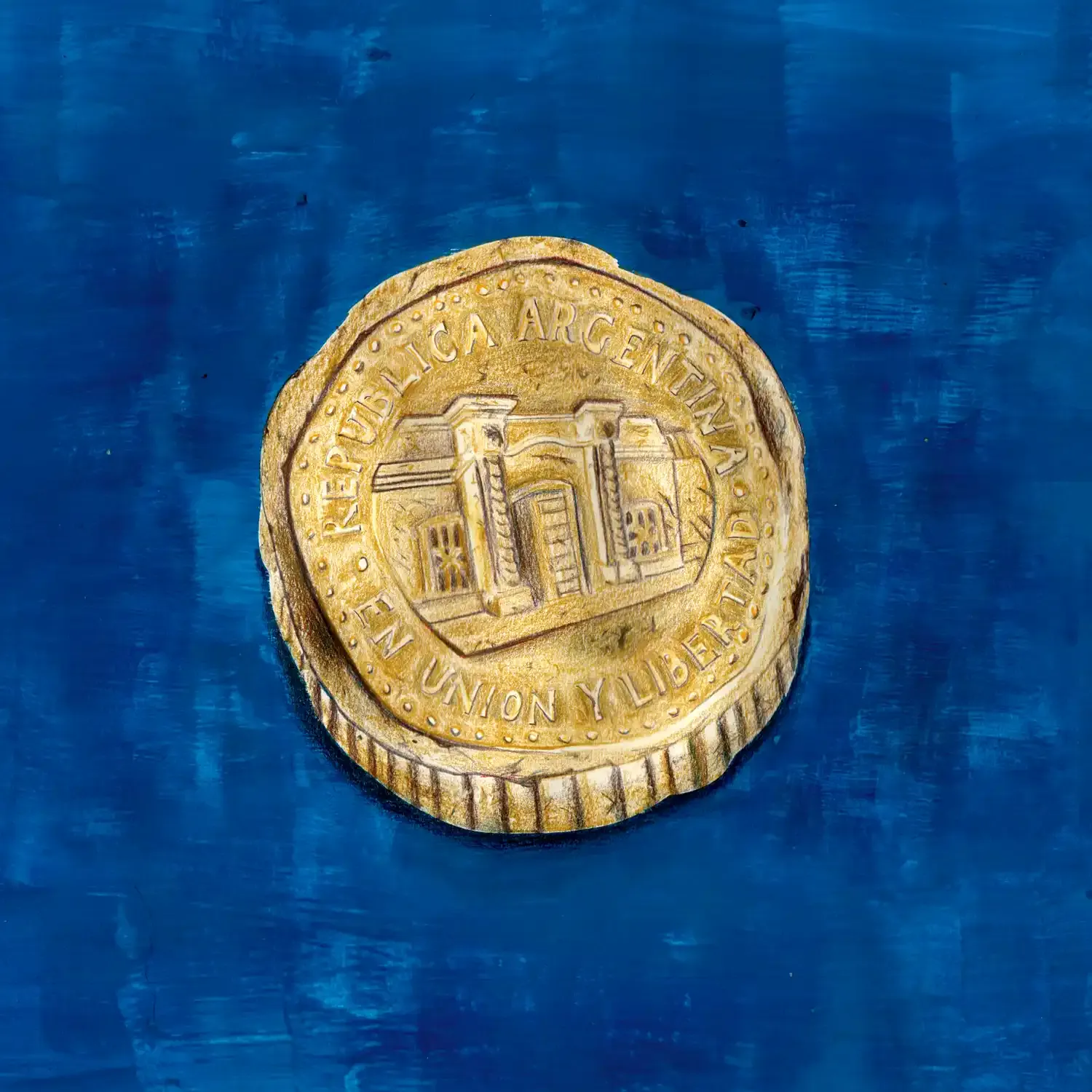 Ilustración a lápiz y gouache de una moneda vieja de peso argentino ampliada