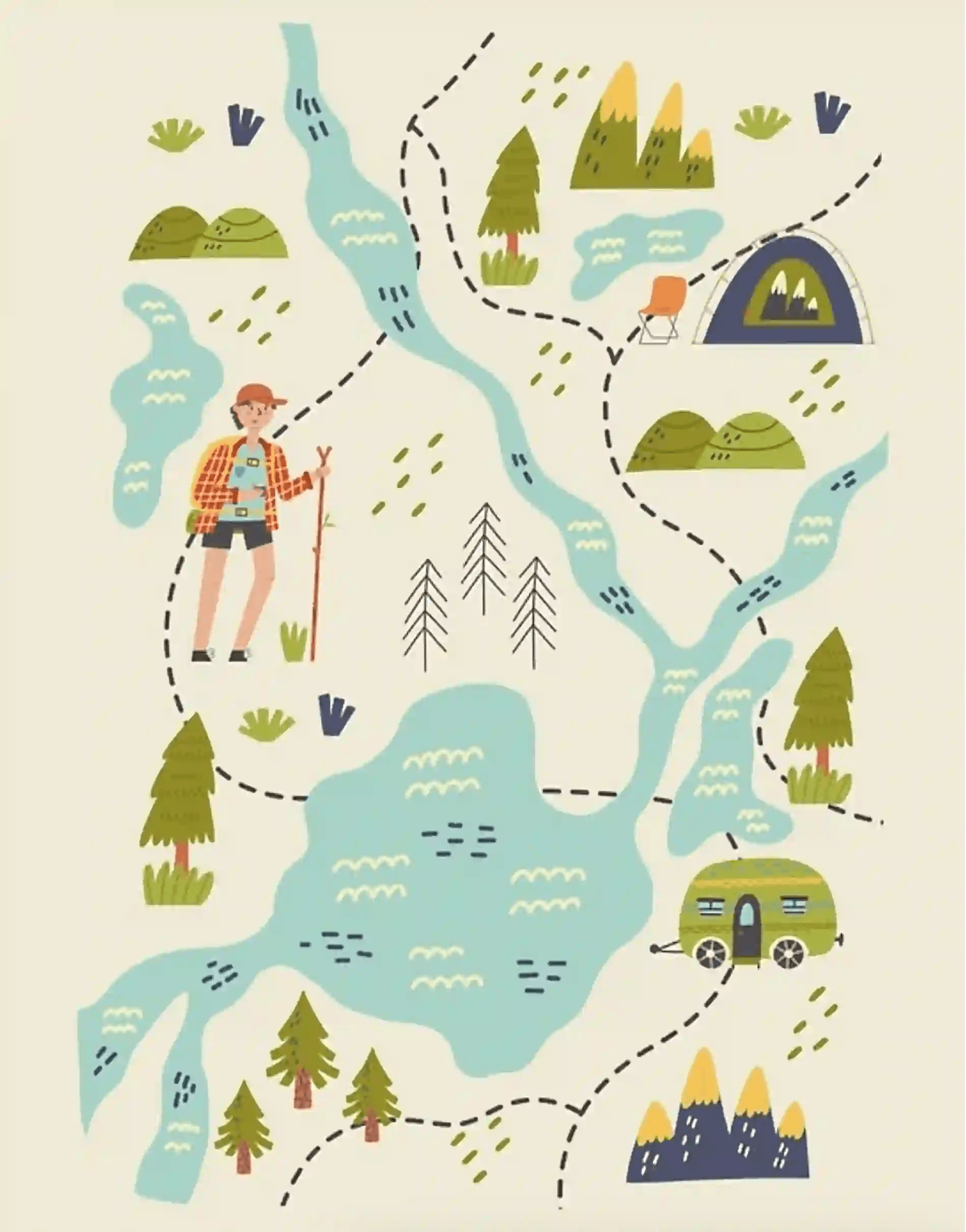 Ilustración de Anna Drozd de una persona sobre el mapa de un bosque y una línea punteada que indica los posibles caminos a seguir